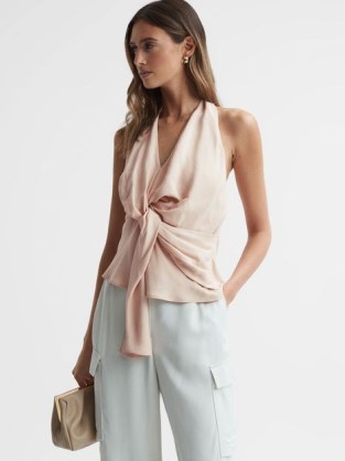 REISS FREDA TIE HALTER NECK BLOUSE NUDE – light pink halterneck blouses – sleeveless front knot detail evening tops
