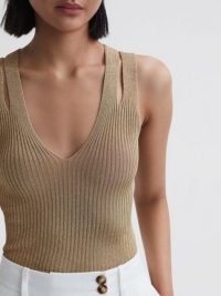 REISS ZINA RIBBED DOUBLE STRAP METALLIC VEST in GOLD – luxe sleeveless V-neck tops – women’s luxury style vests