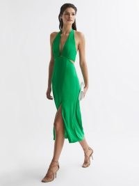 REISS MAIA FITTED HALTER NECK MIDI DRESS GREEN ~ deep plunge halterneck dresses ~ cut out occasion clothes ~ cutout evening clothing