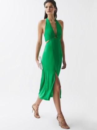REISS MAIA FITTED HALTER NECK MIDI DRESS GREEN ~ deep plunge halterneck dresses ~ cut out occasion clothes ~ cutout evening clothing - flipped