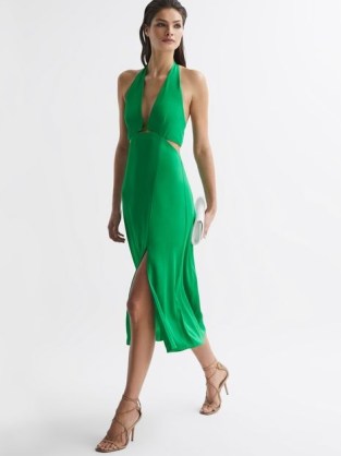 REISS MAIA FITTED HALTER NECK MIDI DRESS GREEN ~ deep plunge halterneck dresses ~ cut out occasion clothes ~ cutout evening clothing