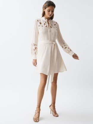 REISS CLARA FITTED LACE CUT-OUT MINI DRESS IVORY ~ tie waist dresses with cutouts ~ feminine clothes - flipped
