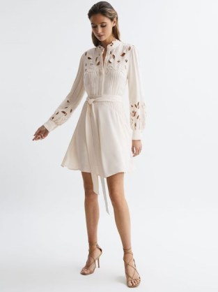 REISS CLARA FITTED LACE CUT-OUT MINI DRESS IVORY ~ tie waist dresses with cutouts ~ feminine clothes