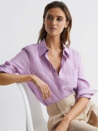 REISS CAMPBELL LINEN SHIRT LILAC ~ women’s spring and summer shirts ~ womens light purple clothes