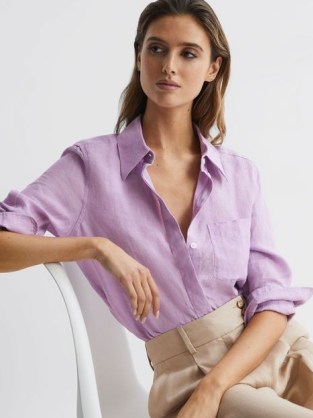 REISS CAMPBELL LINEN SHIRT LILAC ~ women’s spring and summer shirts ~ womens light purple clothes