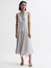 REISS CLAIRE PLEATED FITTED MIDI DRESS LILAC – sleeveless front drape occasion dresses