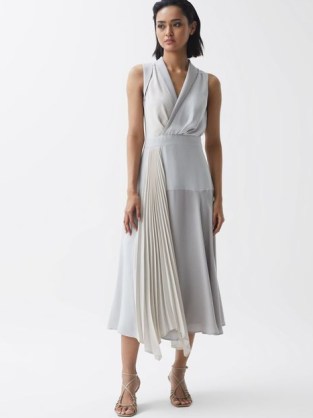 REISS CLAIRE PLEATED FITTED MIDI DRESS LILAC – sleeveless front drape occasion dresses - flipped