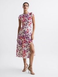 LIVIA PRINTED CUT OUT BACK MIDI DRESS PINK/PURPLE / women’s short sleeve occasion dresses / floral wedding guest clothes / summer event clothing