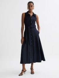 Reiss MILENA BUTTON FRONT MIDI DRESS NAVY – sleeveless collared tie waist dresses – dark blue fit and flare – women’s summer clothing
