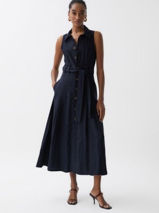 Reiss MILENA BUTTON FRONT MIDI DRESS NAVY – sleeveless collared tie waist dresses – dark blue fit and flare – women’s summer clothing - flipped