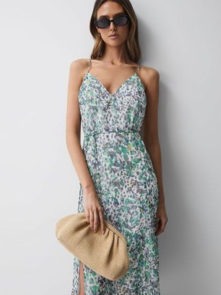 REISS PIPPA FLORAL PRINTED MIDI DRESS BLUE / women’s spaghetti shoulder strap dresses / strappy summer event clothes / slit hemline / feminine wedding guest fashion / womens occasion clothing - flipped