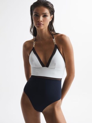 RAY COLOURBLOCK HALTER SWIMSUIT NAVY – women’s dark blue and white colour block swimsuits – halterneck swimwear