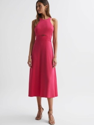 REISS VIENNA HALTER NECK CUT OUT MIDI DRESS PINK ~ sleeveless halterneck dresses ~ cutout occasion clothes - flipped