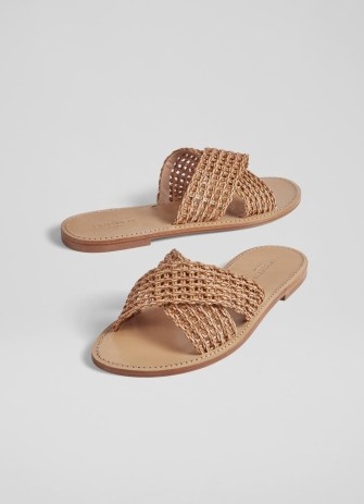 L.K. Bennett Ren Tan Leather and Gold Fabric Woven Flat Mules | women’s brown and metallic fleck sliders | womens summer crossover flats | neutral slides - flipped