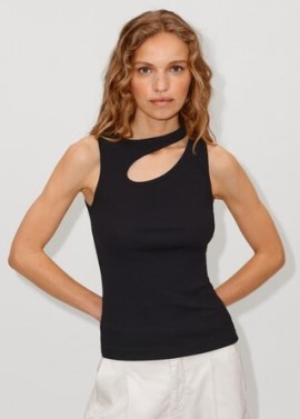 ME and EM Rib Jersey Cut-Out Tank in Black ~ sleeveless asymmetric cutout tops ~ asymmetrical style clothing ~ chic contemporary fashion - flipped