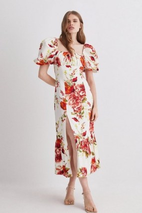 KAREN MILLEN Rose Print Linen Viscose Woven Midi Dress / floral puff sleeve dresses / summer occasion clothes - flipped