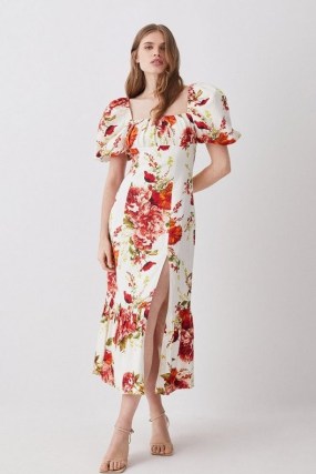 KAREN MILLEN Rose Print Linen Viscose Woven Midi Dress / floral puff sleeve dresses / summer occasion clothes