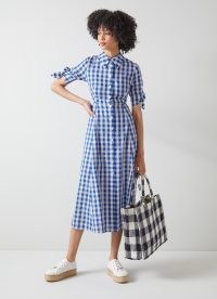 L.K. BENNETT Saffron Blue and White Check Cotton Shirt Dress – vintage style summer clothes – short sleeved button front midi dresses – checked retro fit and flare – tie sleeve detail