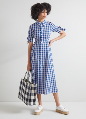 L.K. BENNETT Saffron Blue and White Check Cotton Shirt Dress – vintage style summer clothes – short sleeved button front midi dresses – checked retro fit and flare – tie sleeve detail - flipped