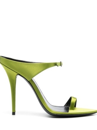 Saint Laurent Green Dive buckle-detail satin sandals – luxury toe strap high heels – women’s luxe occasion shoes – womens designer footwear - flipped