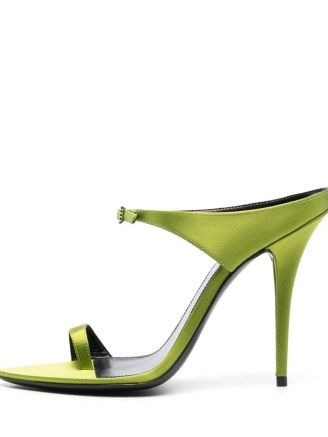 Saint Laurent Green Dive buckle-detail satin sandals – luxury toe strap high heels – women’s luxe occasion shoes – womens designer footwear