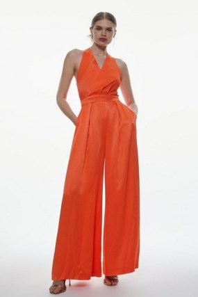 KAREN MILLEN Satin Crepe Drama Belted Jumpsuit in Red Orange ~ women’s halterneck wide leg jumpsuits ~ womens bright occasion clothes ~ vibrant halter neck all-in-one - flipped