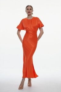 KAREN MILLEN Satin Crepe Drama Maxi Dress in Red Orange / women’s silky fluid fabric occasion dresses / vintage style clothing