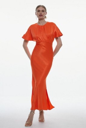 KAREN MILLEN Satin Crepe Drama Maxi Dress in Red Orange / women’s silky fluid fabric occasion dresses / vintage style clothing