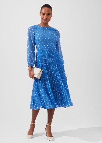 HOBBS SELENA SPOT FIT AND FLARE DRESS BLUE IVORY / long sleeve polka dot occasion dresses / women’s wedding guest clothing - flipped