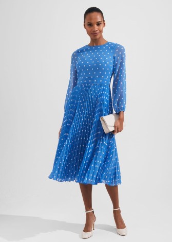 HOBBS SELENA SPOT FIT AND FLARE DRESS BLUE IVORY / long sleeve polka dot occasion dresses / women’s wedding guest clothing