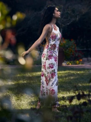 Reformation Selia Linen Dress in Giverny ~ skinny tie shoulder strap maxi dresses ~ women’s floral print clothing ~ open back