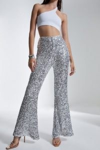 KAREN MILLEN Sequin Flare Leg Trouser in Silver / flared sequinned trousers / party glamour / sequinned evening occasion flares / disco inspired fashion