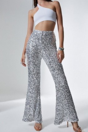 KAREN MILLEN Sequin Flare Leg Trouser in Silver / flared sequinned trousers / party glamour / sequinned evening occasion flares / disco inspired fashion - flipped