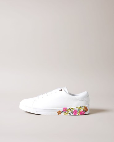 TED BAKER Sheliie Floral Sole Leather Trainers in White / women’s flower print trainer - flipped