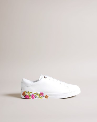 TED BAKER Sheliie Floral Sole Leather Trainers in White / women’s flower print trainer