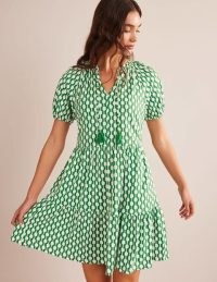 BODEN Short Sleeve Jersey Mini Dress Rolling Hills, Geo Azure ~ green and white tiered dresses