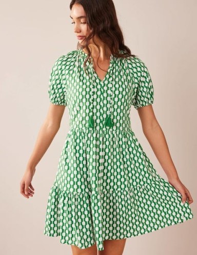 BODEN Short Sleeve Jersey Mini Dress Rolling Hills, Geo Azure ~ green and white tiered dresses - flipped
