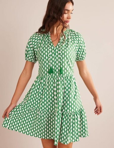 BODEN Short Sleeve Jersey Mini Dress Rolling Hills, Geo Azure ~ green and white tiered dresses