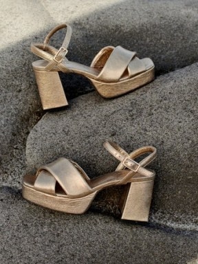 JIGSAW Hanna Platform Sandal in Gold ~ metallic block heel platforms ~ women’s chunky evening sandals - flipped