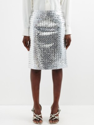 BOTTEGA VENETA Silver Intrecciato-leather midi skirt ~ women’s luxury metallic skirts - flipped