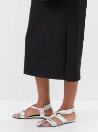 JIL SANDER Silver Knotted-strap metallic-leather flat sandals / shiny square toe flats