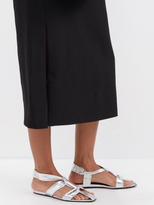 JIL SANDER Silver Knotted-strap metallic-leather flat sandals / shiny square toe flats - flipped