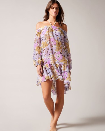 TED BAKER Siyona Off The Shoulder Cover Up / floaty floral dip hem cover ups / tiered hem poolside coverup / bardot beachwear / pool fashion - flipped