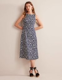 BODEN Slash Neck Midi Dress in Navy, Geo Cascade – blue and white sleeveless fit and flare dresses – women’s summer clothes