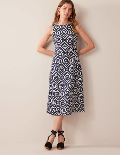 BODEN Slash Neck Midi Dress in Navy, Geo Cascade – blue and white sleeveless fit and flare dresses – women’s summer clothes - flipped