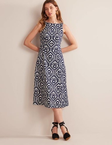 BODEN Slash Neck Midi Dress in Navy, Geo Cascade – blue and white sleeveless fit and flare dresses – women’s summer clothes