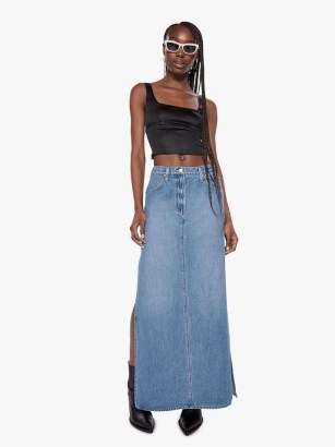 MOTHER DENIM SNACKS! The Fun Dip Slice Maxi Skirt in Nothing Else Like It | women’s blue long length side slit skirts - flipped