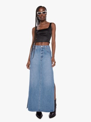 MOTHER DENIM SNACKS! The Fun Dip Slice Maxi Skirt in Nothing Else Like It | women’s blue long length side slit skirts