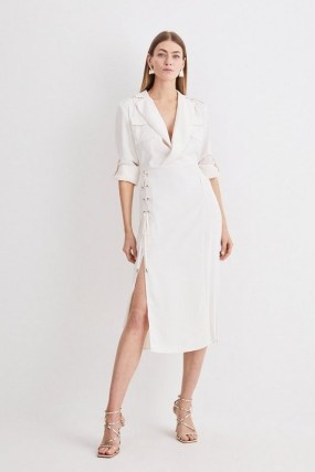 KAREN MILLEN Soft Tailored Lace Up Pleated Shirt Dress in Ivory ~ chic collared utility midi dresses ~ slit hem - flipped