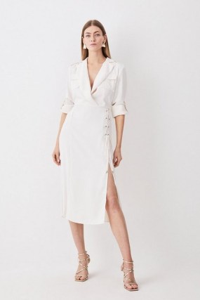 KAREN MILLEN Soft Tailored Lace Up Pleated Shirt Dress in Ivory ~ chic collared utility midi dresses ~ slit hem